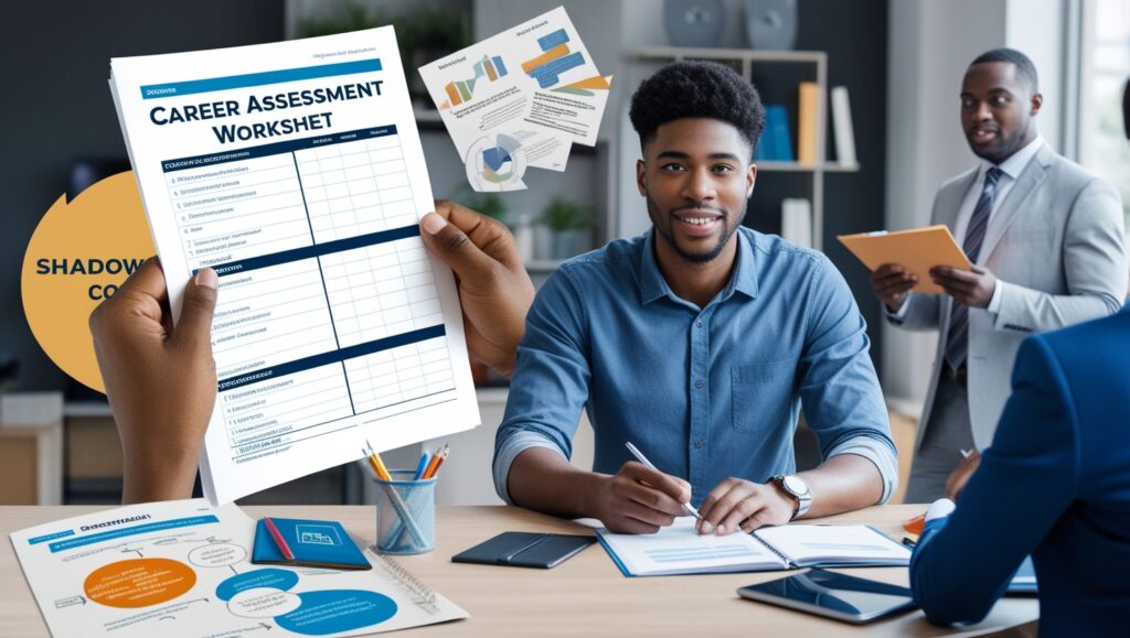 A young professional reviewing a career assessment worksheet, doing research, and shadowing other professionals; background shows decision-making tools, self-reflection materials, and goal-setting elements.