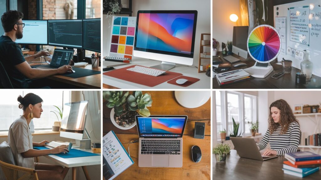 A collage showing individuals working remotely in roles like software developer, graphic designer, writer, virtual assistant, and data analyst, each in a personalized home workspace.