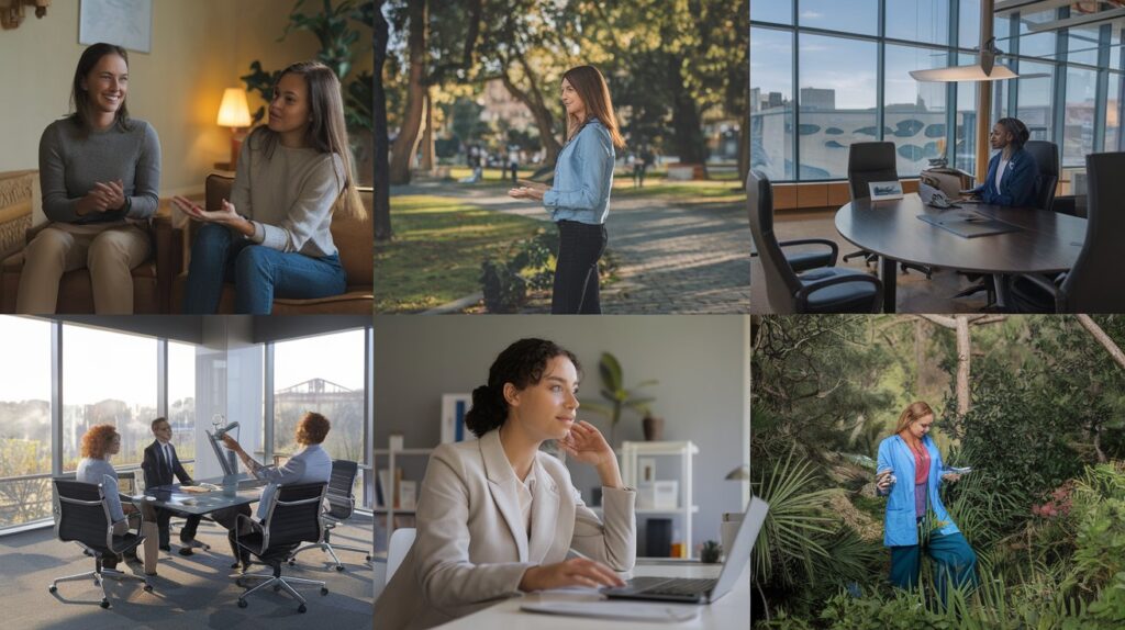 A collage of various career scenes that fit INFJ professions—such as a counselor speaking to a client, a social worker interacting in a community setting, a non-profit manager leading a team, a human resources specialist conducting an interview, and an environmental scientist examining natural surroundings. Each scene should feel warm, purposeful, and compassionate.