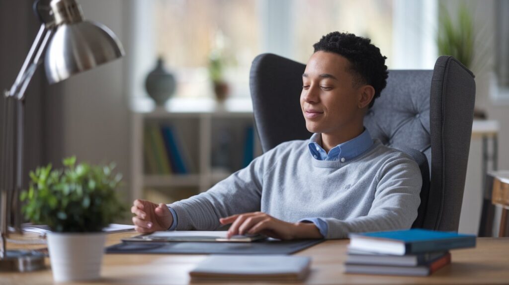 A calm, focused individual working comfortably in a home office, looking content and productive, symbolizing the benefits of work from home careers for introverts.