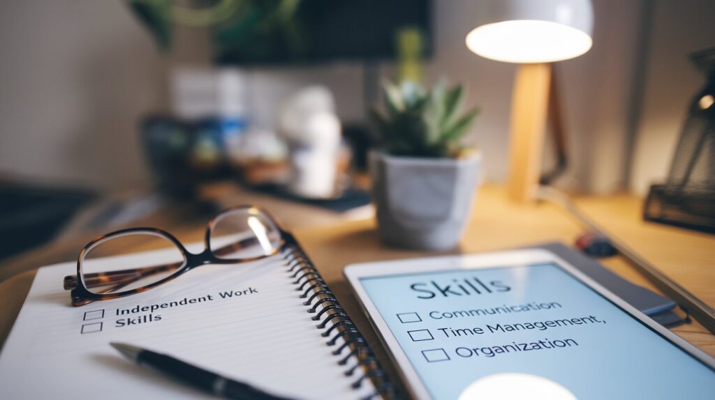 Close-up of a notebook, glasses, and a tablet with a checklist of skills like independent work, communication, time management, and organization, symbolizing essential skills for introverts in remote careers.