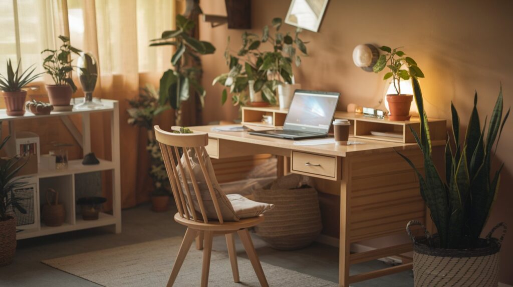 A cozy home office setup in a quiet, serene environment, with a laptop on a desk, coffee cup nearby, surrounded by soft lighting and plants, ideal for introverts working from home.