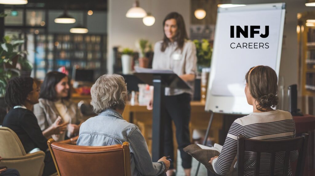 A warm, inviting scene of a professional sharing their journey in INFJ careers with a small group in a cozy setting, like a coffee shop or library. The environment has soft lighting and calm, muted tones, symbolizing the sharing of meaningful experiences, guidance, and inspiration in career paths suited for INFJs