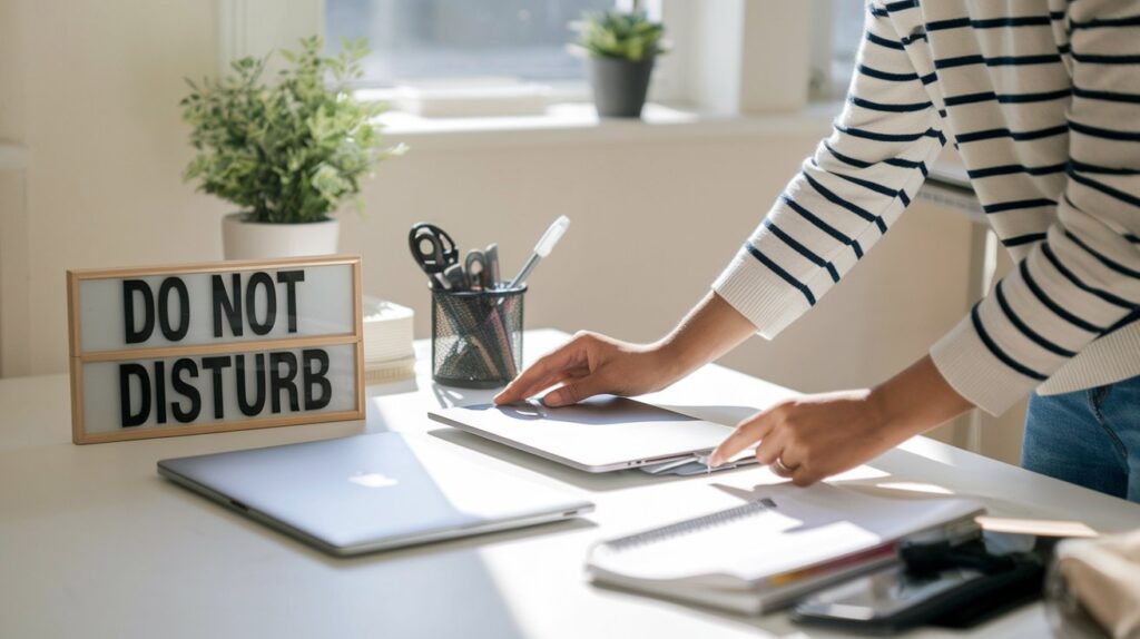 A person setting up a dedicated workspace with soft, natural lighting, a 'Do Not Disturb' sign, and organized supplies, reflecting boundaries and energy management for introverts working from home.