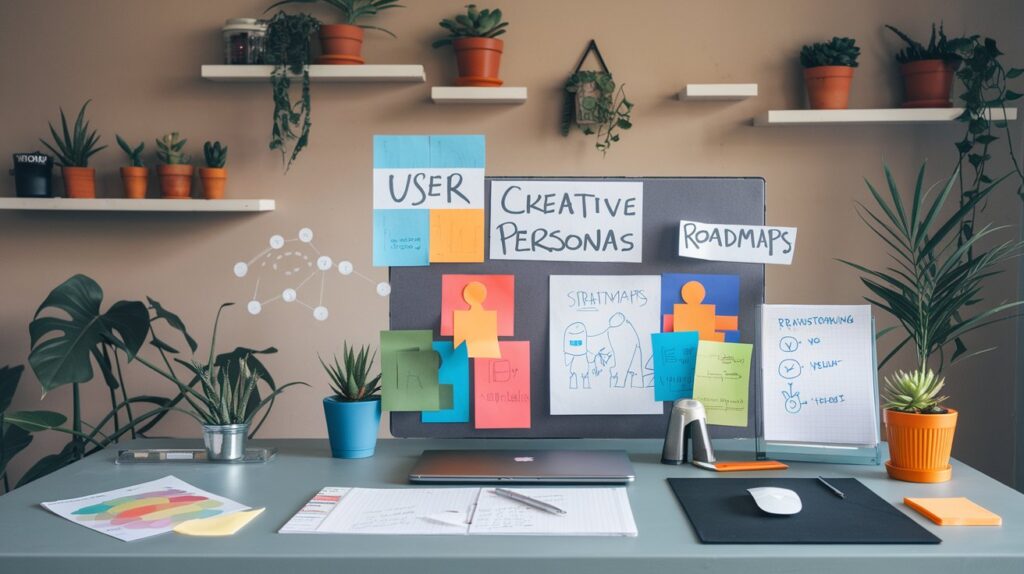 A creative, customer-focused desk of a product manager featuring user personas, roadmaps, and brainstorming notes, with a modern tech setup; emphasizes innovation and strategic planning