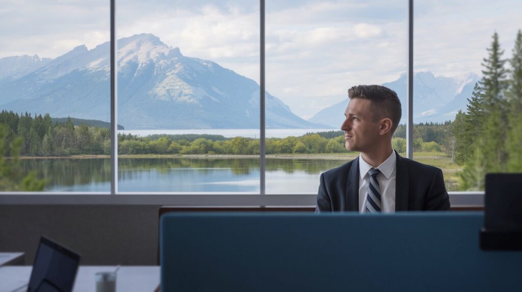 An illustration of a professional with a contemplative expression in an office setting, looking out a window with a peaceful, far-reaching landscape. The scenery symbolizes purpose, meaning, and a desire for impactful work, reflecting the longing for a fulfilling career.