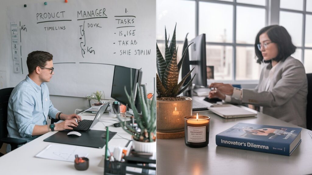 A side-by-side comparison of two professionals, one representing a project manager and the other a product manager, both working at a modern desk with contrasting elements; one focused on timelines and tasks, the other on innovation and customer experience.