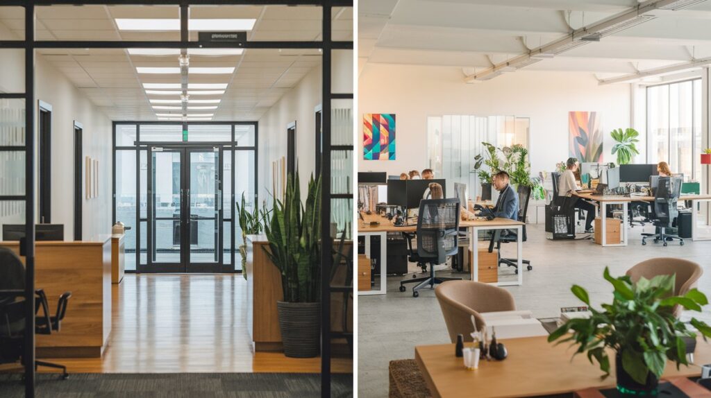 Two contrasting workspaces side by side: a structured corporate office with a formal setting, and a dynamic startup with an open-plan, collaborative feel; people working in both environments.