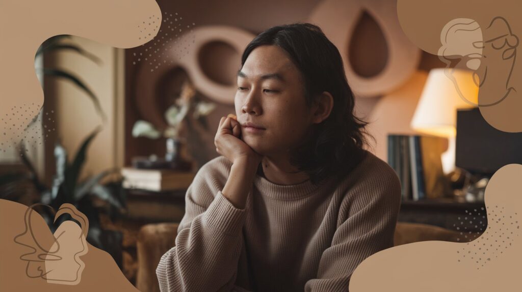 A serene portrait of a thoughtful person with a calm demeanor, surrounded by soft, warm tones and abstract shapes representing empathy, creativity, and depth of thought. The background features subtle symbols of personality traits like compassion, intuition, and insight.