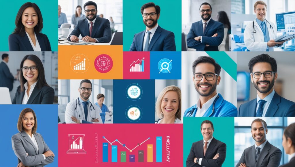 A vibrant collage featuring professionals from various analytical fields like finance, data science, healthcare, and tech. Include icons or graphs representing growth trends, data analysis, and market projections.Best Analytical Careers Guide