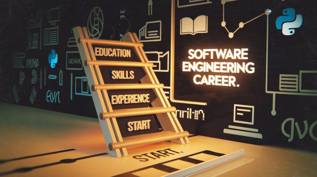 A conceptual graphic showing a ladder labeled with "Education," "Skills," and "Experience," leading up to a glowing destination marked "Software Engineering Career." The backdrop includes symbols of books, laptops, and programming languages like Python and Java.