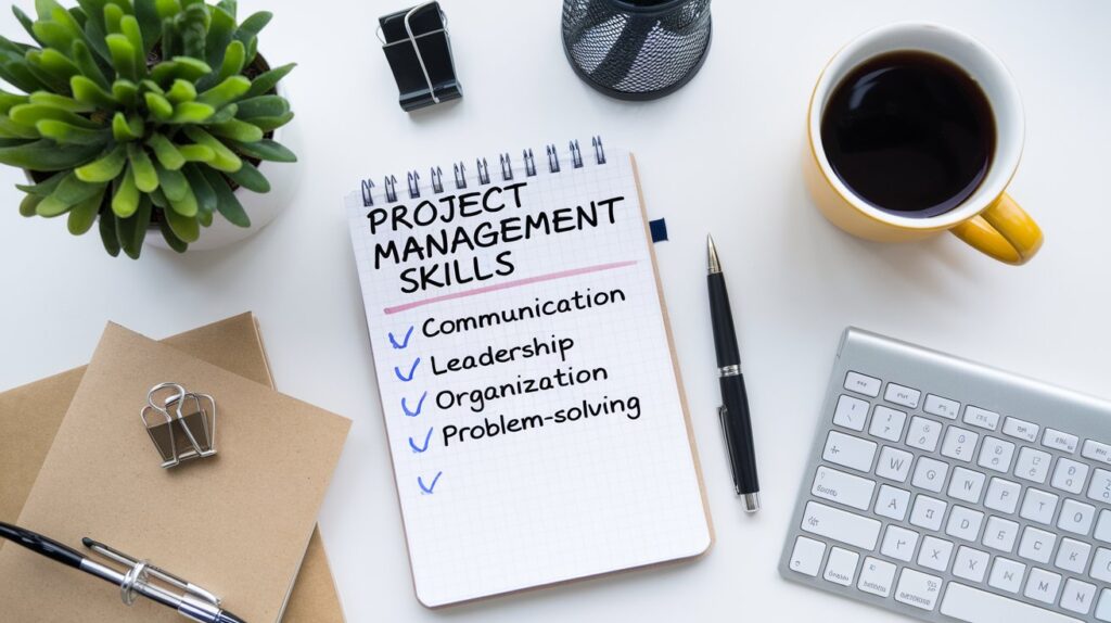 A flat-lay image of a desk with a neatly organized notepad displaying a handwritten checklist titled "Project Management Skills." Items include communication, leadership, organization, and problem-solving. The scene is complemented by a cup of coffee, a pen, and a keyboard for a professional yet approachable look.