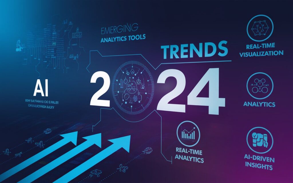 A futuristic graphic showing trends for 2024, with visuals of AI, emerging analytics tools, and upward career paths. Include icons representing skills like data visualization, real-time analytics, and AI-driven insights.