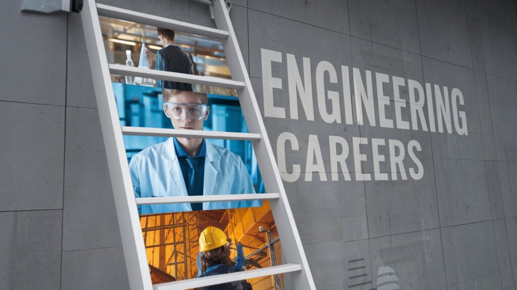 A visual of a career ladder in a technical setting, with visuals of both hands-on work and leadership roles, symbolizing growth and potential in engineering careers.