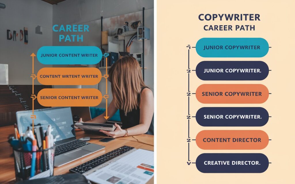 A chart or infographic showing career paths for both content writers and copywriters, with roles such as "Content Strategist" and "Copywriter" leading to advanced positions like "Content Director" or "Creative Director."