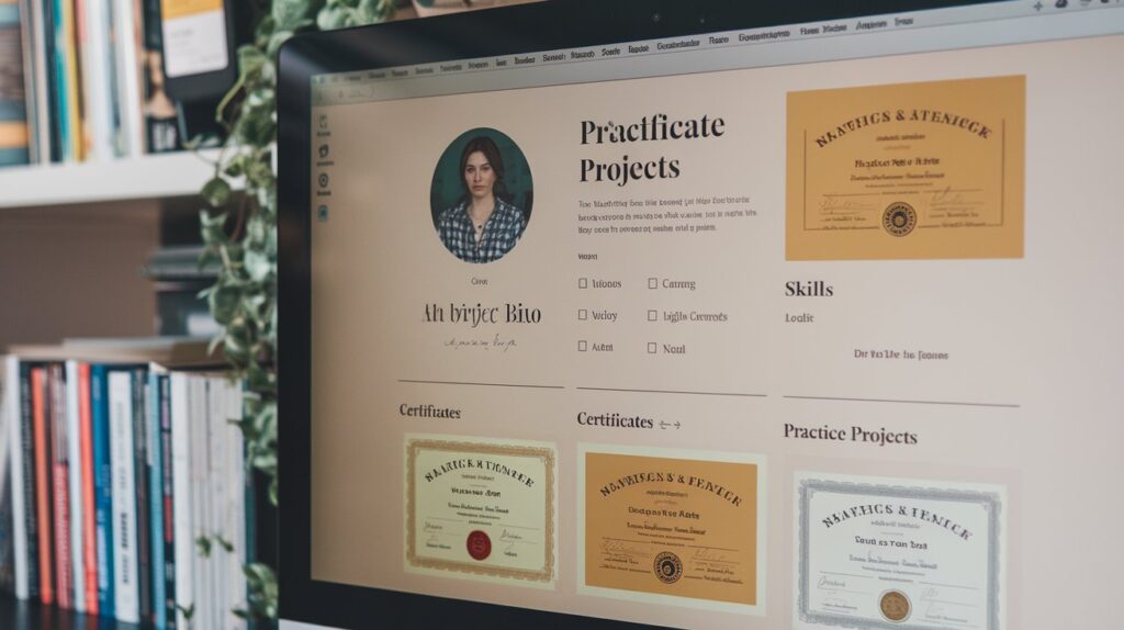 An image showing a portfolio layout on a computer screen, with certificates and practice projects displayed, to illustrate portfolio-building for career changers.