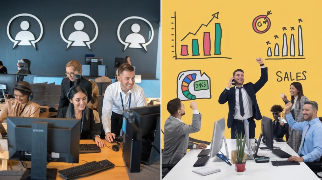 A workplace comparison visual. On the left, a structured and collaborative customer service setting with a team working together, surrounded by computer screens and customer feedback icons. On the right, an energetic sales office with individuals making phone calls, meeting clients, and celebrating targets, accompanied by bar charts and goal icons.