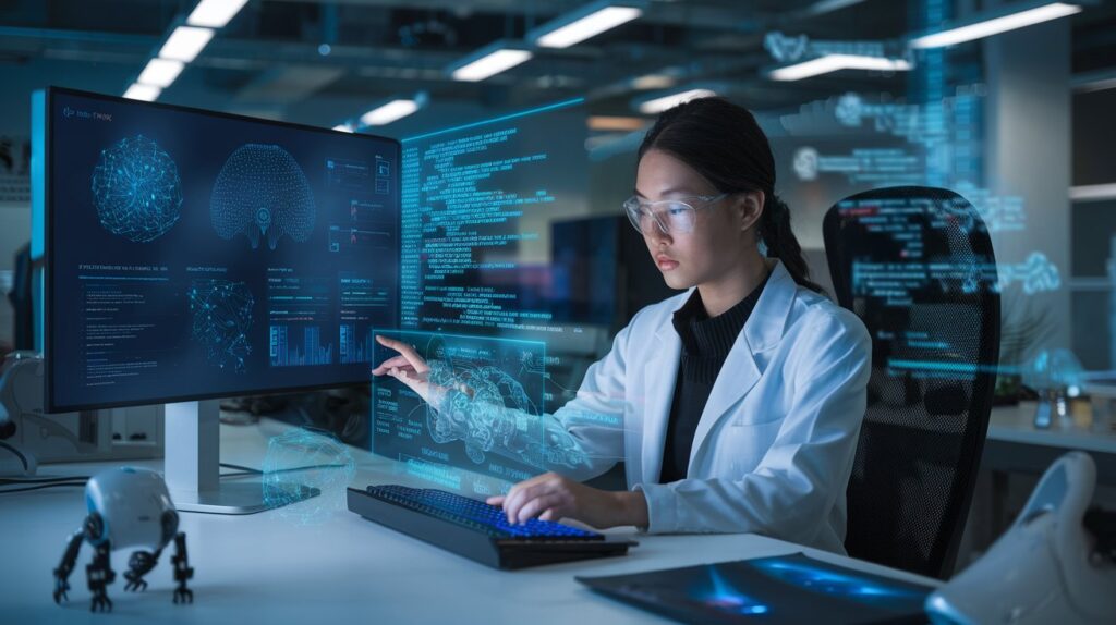 A cutting-edge laboratory or tech office, with a researcher (a young woman of Asian descent) sitting at a desk, working on a futuristic AI system. The screen shows neural networks, machine learning algorithms, and code. There is a holographic display of data flowing around her, showing the latest in artificial intelligence. The atmosphere is innovative and forward-thinking, with a few tech devices and robotic models on the desk.