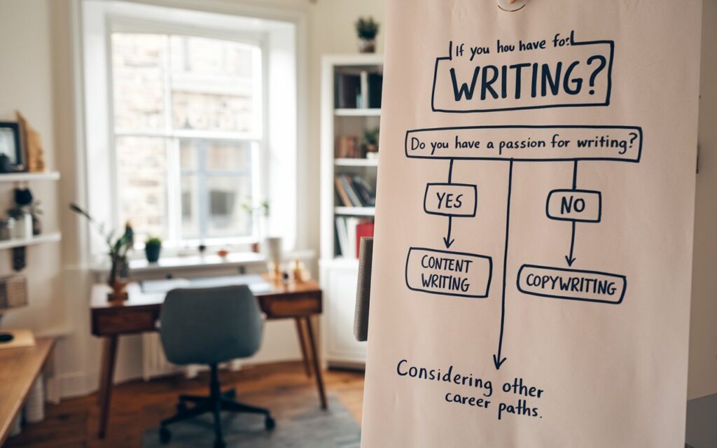 A decision-making flowchart guiding readers based on their strengths, interests, and career goals to help them decide between content writing and copywriting.