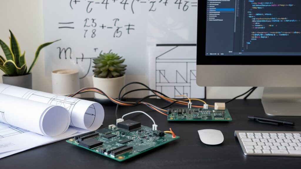 Depict software development, research engineering, or system design workspaces; a minimalist desk setup with a computer, circuit boards, and engineering blueprints would represent INTP work preferences.