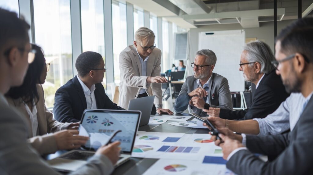 A diverse team of professionals working around a table in a sleek, modern office. The focus is on a young individual leading the discussion with project plans displayed on a laptop and a whiteboard in the background. Bright natural light streams through large windows, symbolizing growth and collaboration. Project Manager Without Degree