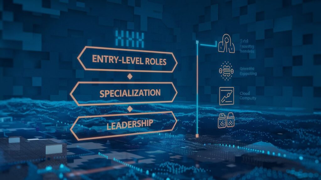 A futuristic roadmap with milestones labeled "Entry-Level Roles," "Specialization," and "Leadership," set in a digital landscape. Alongside, icons of trending technologies like AI, cloud computing, and cybersecurity are integrated.