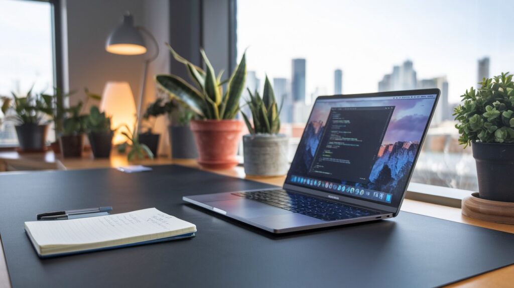 A modern workspace with dual computer monitors displaying lines of colorful code, a sleek laptop, and a notepad on the desk. The setting is minimalist, with a city skyline visible through the window in the background, symbolizing innovation in the tech industry. Software Engineering Career Path