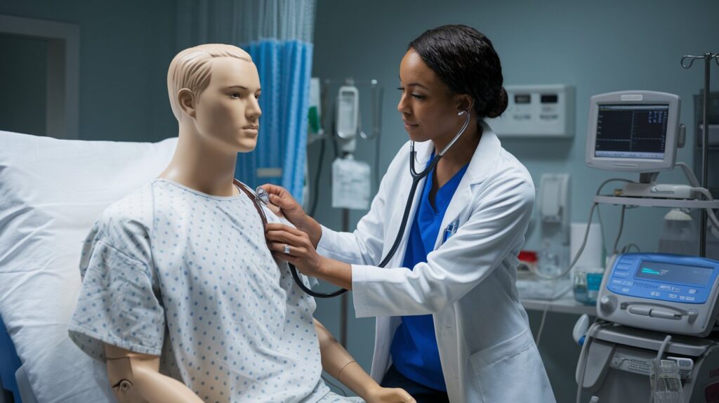 A nurse in a lab coat performing a diagnostic procedure, such as using a stethoscope on a mannequin in a controlled, quiet clinical environment.