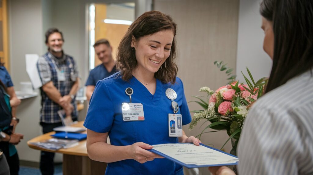 A nurse receiving a certificate at a small, focused training session, symbolizing career advancement and skill-building for introverted individuals.