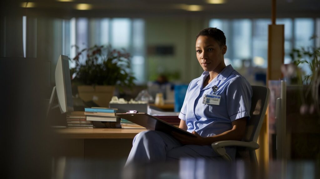 A nurse in a calm, low-lit hospital office, sitting thoughtfully with a clipboard in hand, surrounded by books and a computer, symbolizing introspection and focus in a quiet healthcare role. Nursing Jobs for Introverts