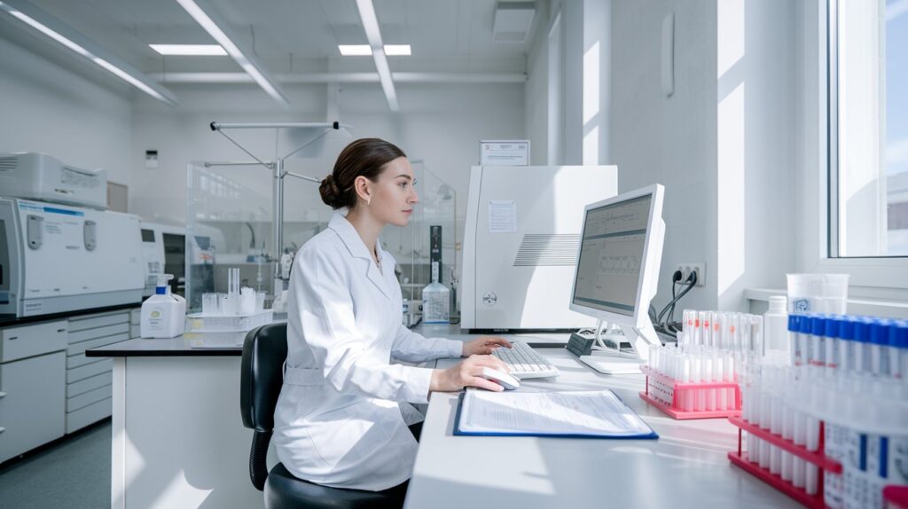 A nurse sitting in a modern lab, working on a computer with medical charts and test tubes around, symbolizing research and innovation in healthcare.