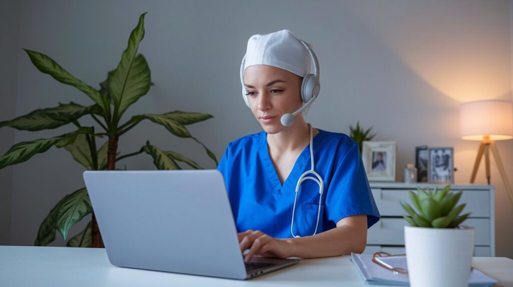 A nurse working from home on a laptop, with headphones on, in a tidy home office environment, symbolizing telehealth or remote nursing work.