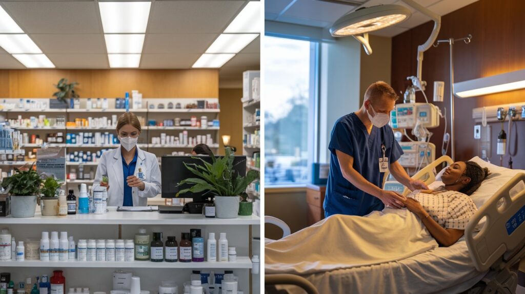 Two images side by side: a pharmacist working behind a counter in a pharmacy and a PA attending to a patient in a hospital room.