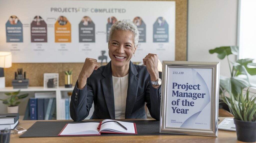 A professional celebrating a milestone with a framed "Project Manager of the Year" award on their desk. The individual is smiling confidently in a well-lit office, with a timeline of completed projects displayed on a board behind them.