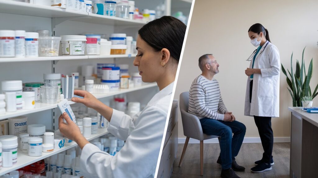 A split-view image showing a pharmacist organizing medications on one side and a PA consulting with a patient on the other side. This visually introduces the comparison. Pharmacist vs PA