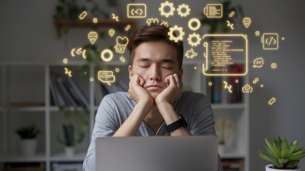 An abstract image of a thoughtful individual in a quiet workspace, with glowing icons of gears, data, and coding symbols floating around their head, representing analytical thinking and problem-solving skills.