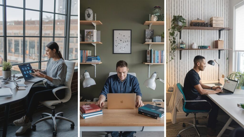 Visuals of a UX/UI designer, web developer, and data analyst working at their desks, representing entry-level tech positions.