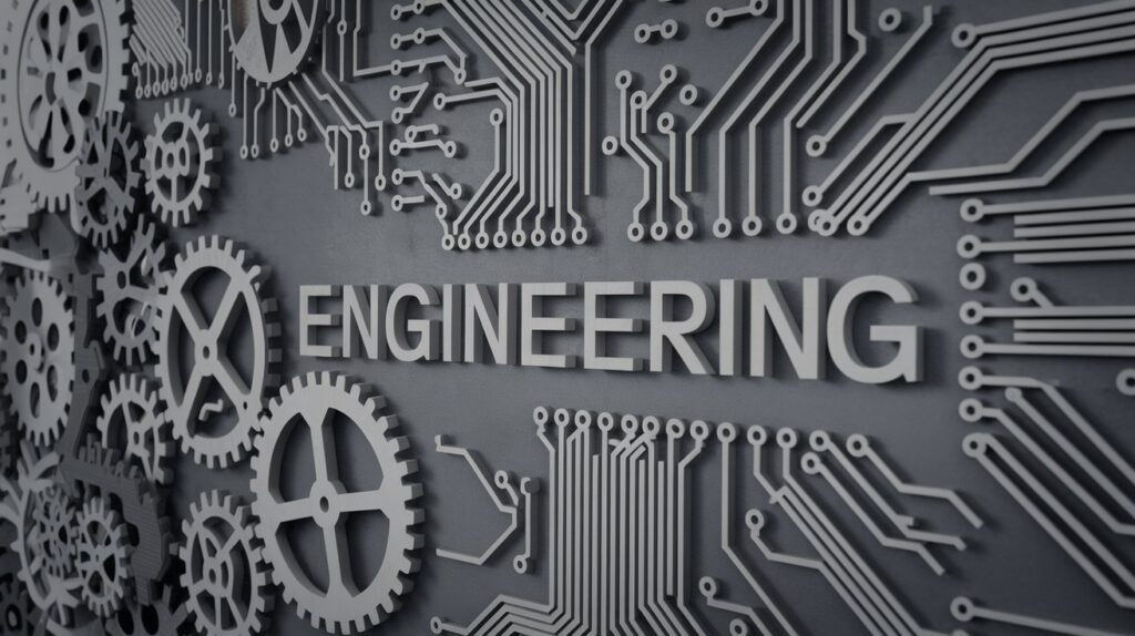 An abstract representation of engineering with a tech-focused theme—circuit boards, gears, or software code—highlighting an analytical and logical atmosphere, which aligns with INTP traits.  INTP Career in Engineering