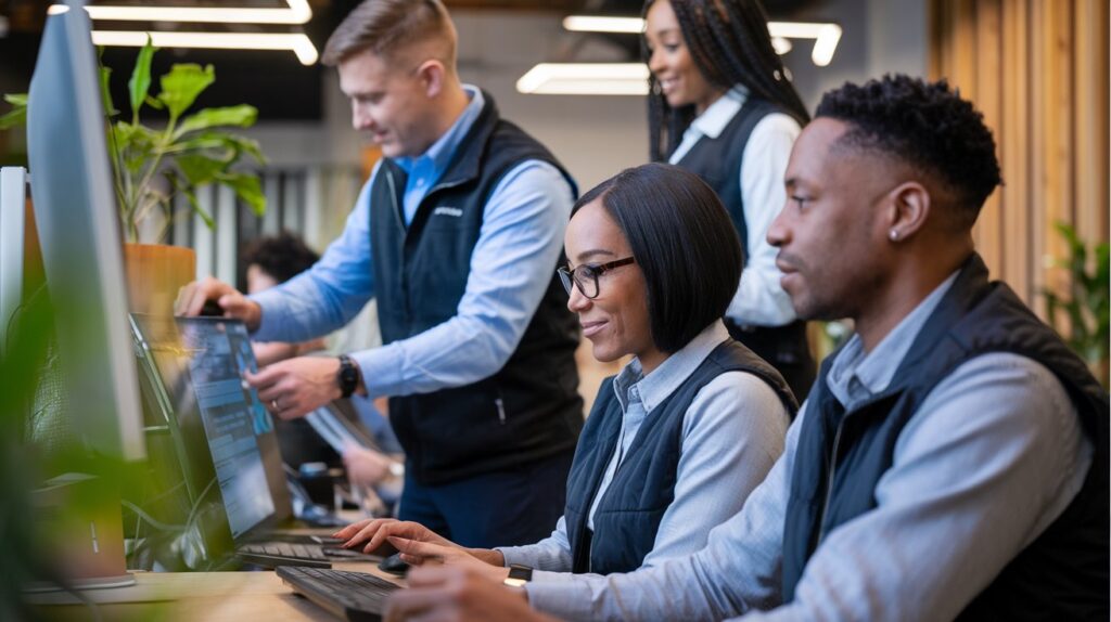 Photos of diverse professionals working in tech, with overlay text such as “Real Stories of Successful Career Transitions.”