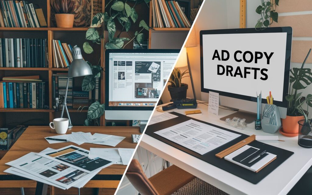 A split image showing a typical “Content Writer’s” workspace with open articles and drafts, and a “Copywriter’s” desk featuring ad copy drafts and mockups.