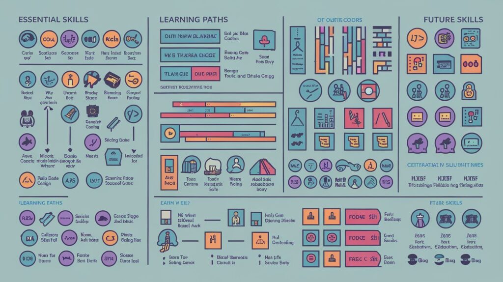 A visual chart or iconography highlighting essential skills like coding, data analysis, and design, as well as various learning paths.