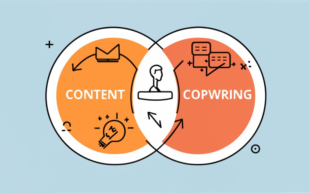 A Venn diagram comparing "Content Writing" and "Copywriting" with overlapping skills in the middle, and unique characteristics on either side (e.g., "storytelling" for content writing, "persuasive language" for copywriting).