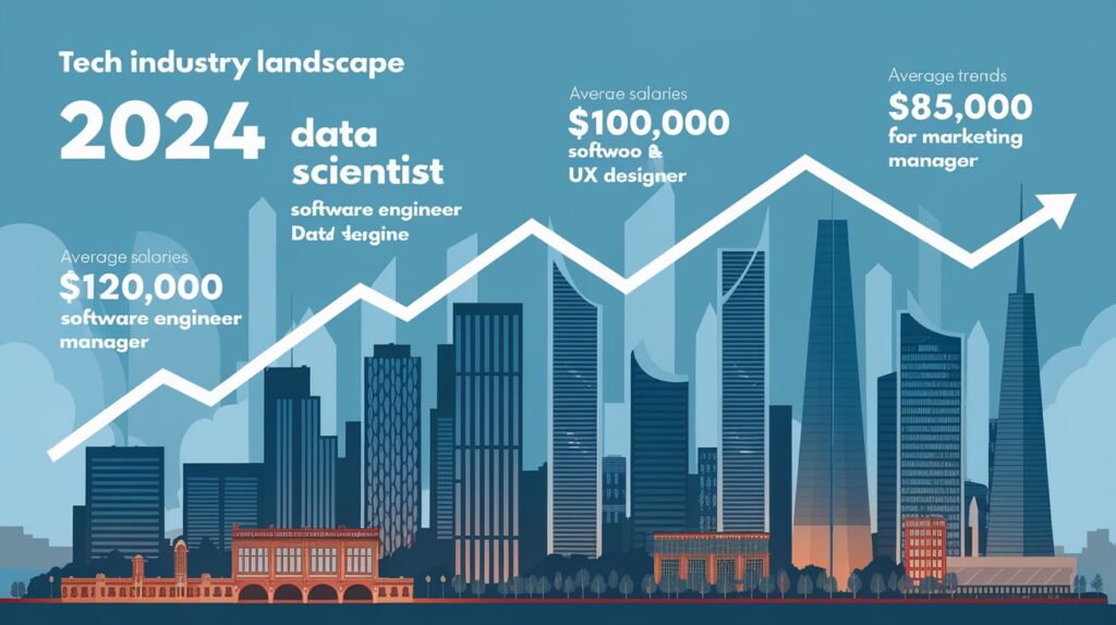 An infographic or illustration showing the tech industry landscape in 2024, with popular job roles, average salaries, and growth trends. Best Tech Jobs for Career Changers