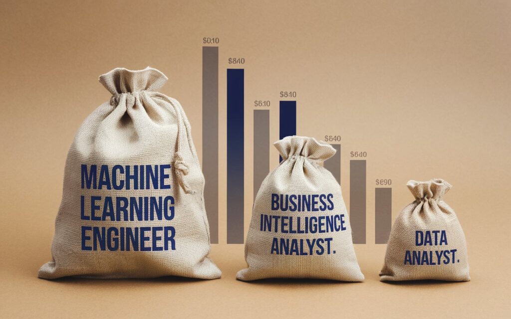 An infographic highlighting average salaries for roles such as Data Analyst, Business Intelligence Analyst, and Machine Learning Engineer. Use icons of money bags or bar graphs to represent salary comparisons.