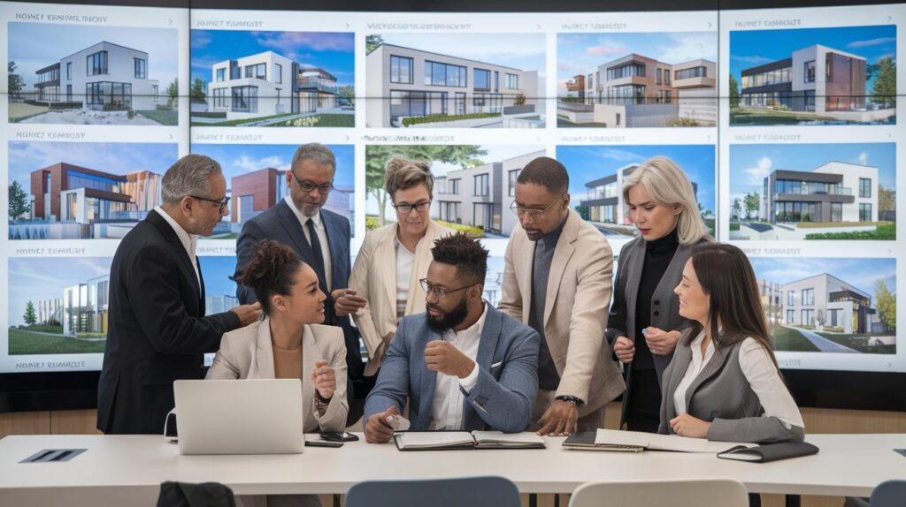 A group of diverse individuals in a modern office setting, discussing real estate listings on a large screen. Each person represents a different personality type, engaged and collaborating.