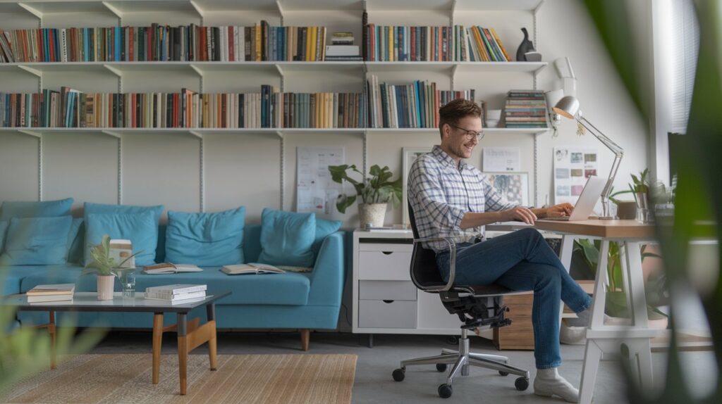 A modern home office setup with a cheerful professional working on a laptop, surrounded by a flexible, cozy environment including a couch and books.