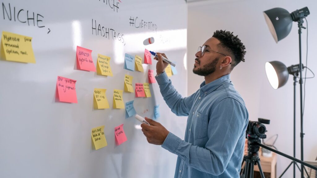 A content creator brainstorming ideas on a whiteboard, with key phrases like "Niche," "Hashtags," and "Content Plan" written in colorful markers. The background features a minimalist studio setup with camera gear and lights.