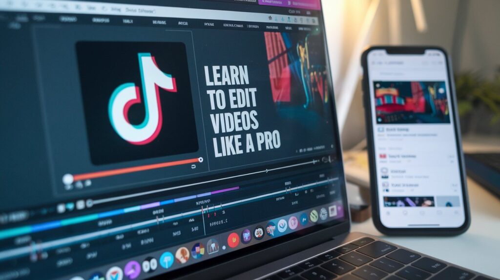 A detailed image of a video editing software interface displayed on a laptop screen, with a TikTok-style video being edited. Nearby, a smartphone displays a TikTok trending hashtag page, suggesting the connection between skills and trends. How to Become a Content Creator on TikTok