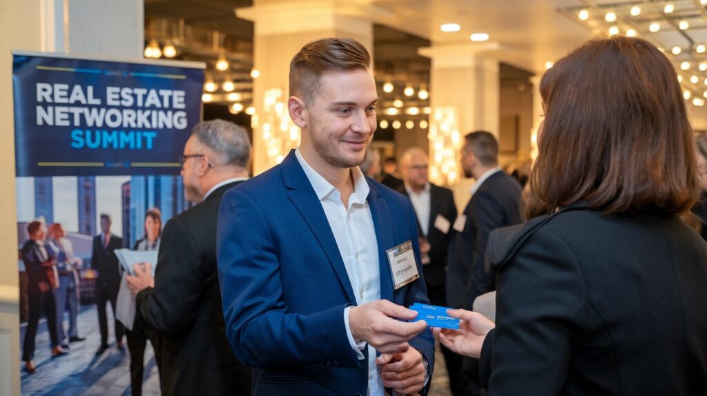 A new real estate agent at a networking event, exchanging business cards with another professional. The setting includes a banner displaying "Real Estate Networking Summit" and people in business attire.