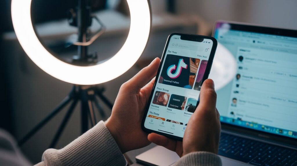 A realistic, vibrant image showing a person holding a smartphone with the TikTok app open, featuring the "For You" page with trending videos. The background includes a ring light and a laptop, highlighting the content creation setup. How to Become a Content Creator on TikTok